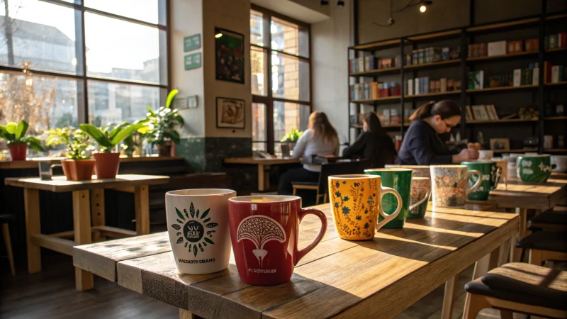 A cozy café with colorful mugs on wooden tables