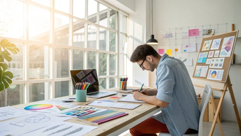 A designer working in a colorful and inspiring workspace