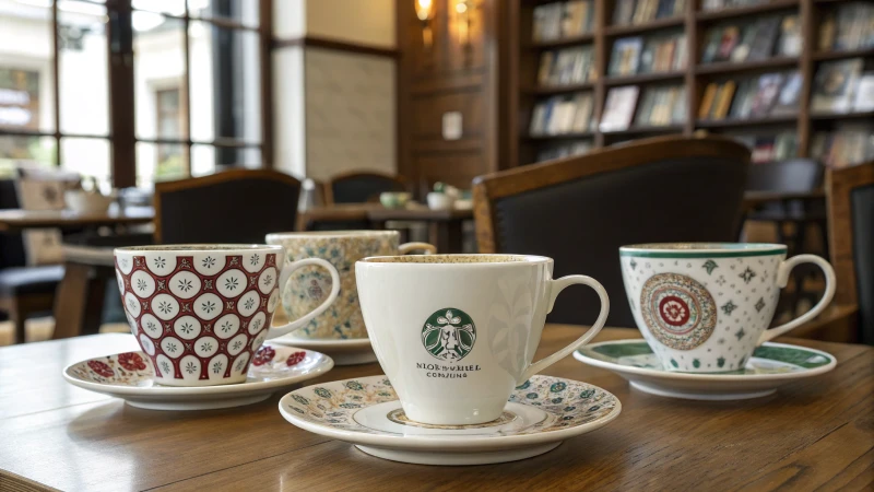 A collection of customized bone china cups on a wooden table