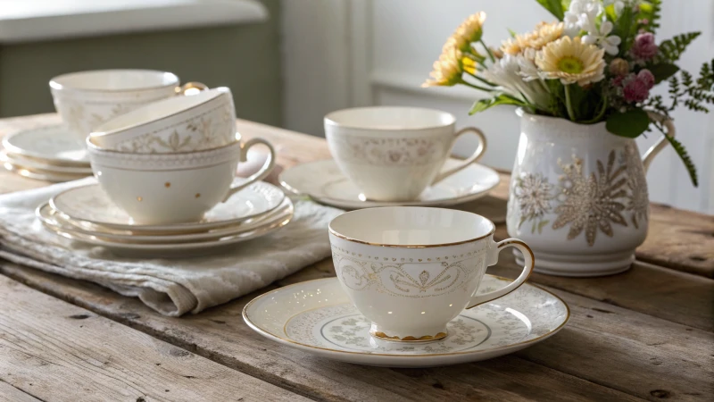 A set of delicate porcelain cups on a rustic wooden table with flowers