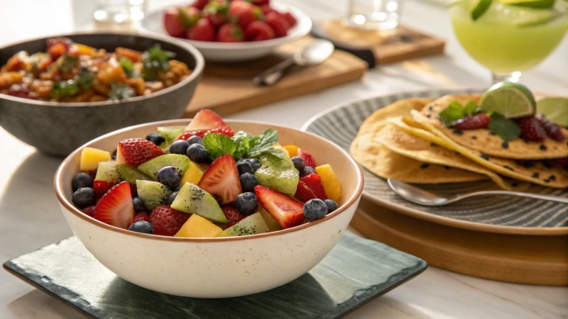 A dining table with a vibrant fruit salad and spicy tacos