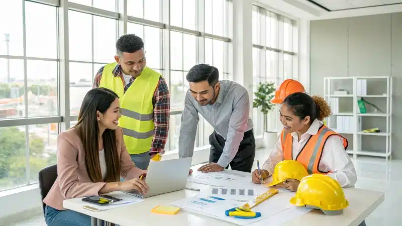 Diverse group of professionals engaged in a discussion in a modern office