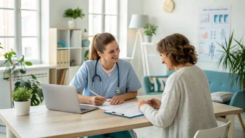 A healthcare professional consulting a patient in a modern clinic