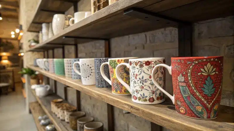 A display of colorful limited-edition mugs on rustic shelves