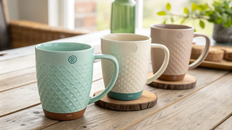 A collection of modern ceramic mugs on a wooden table