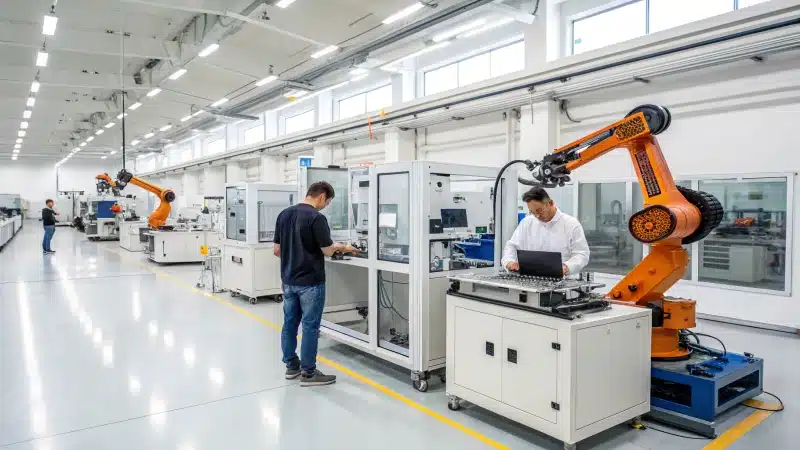 A modern manufacturing facility with advanced technology and robotic arms