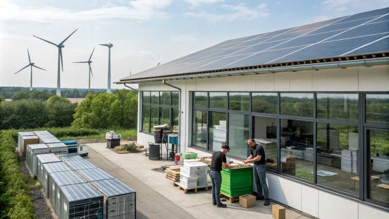 Modern sustainable manufacturing facility with solar panels and wind turbines