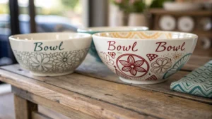 A display of personalized ceramic bowls on a rustic wooden table