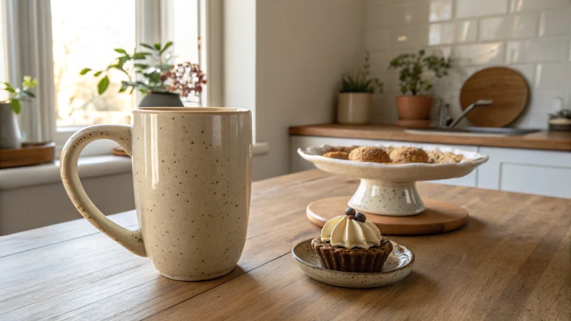 A rustic ceramic coffee mug next to a small porcelain dessert bowl on a kitchen table