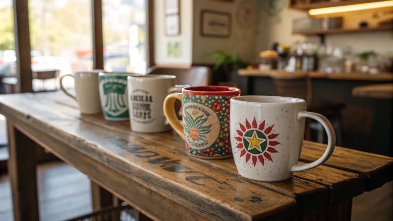 A rustic wooden table with colorful ceramic mugs