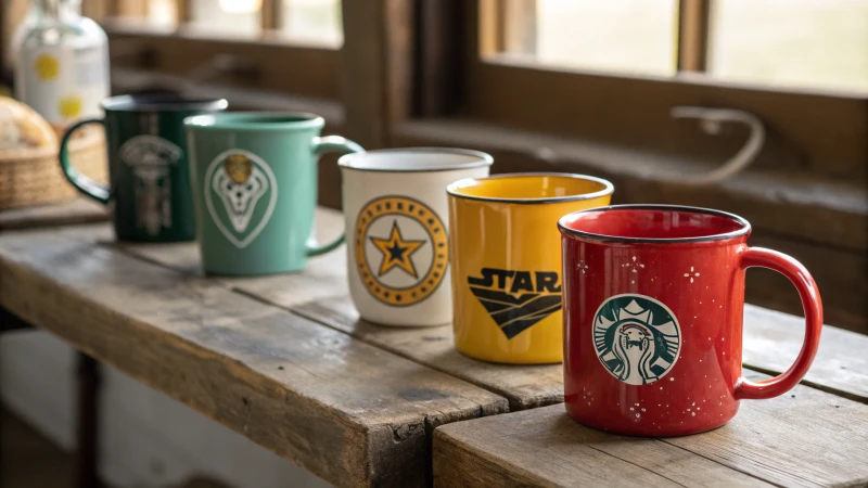 A rustic wooden table with colorful custom mugs displaying unique logos.