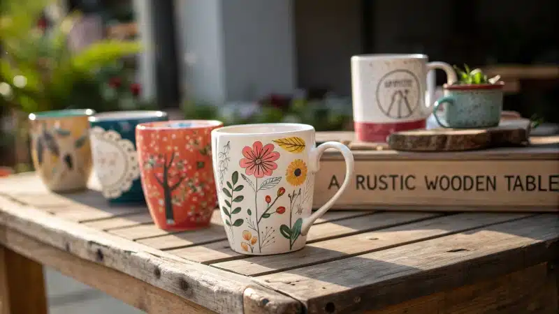 A rustic wooden table with colorful personalized mugs