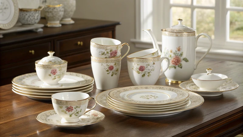 Elegant bone china giftware arranged on a wooden table