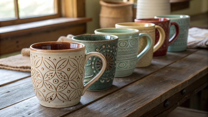 A collection of colorful stoneware mugs on a rustic wooden table