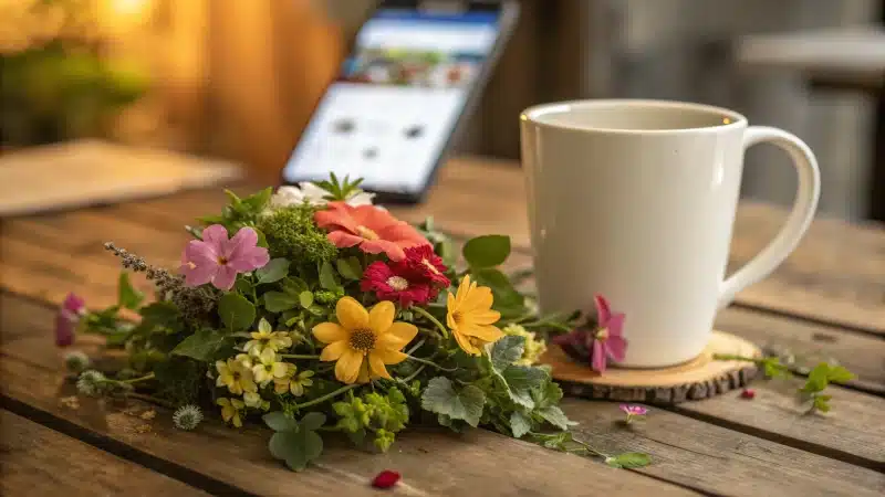 Stylish mug on a rustic table with flowers and smartphone