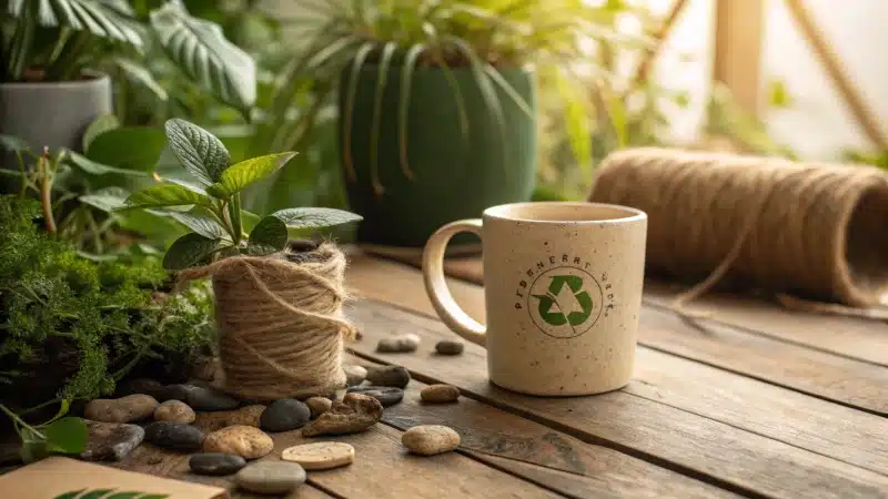 A sustainable ceramic mug surrounded by plants on a wooden table