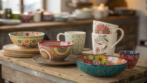 Artistic display of colorful mugs and intricate bowls on a wooden table.