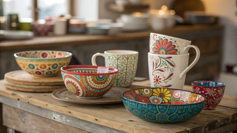 Artistic display of colorful mugs and intricate bowls on a wooden table.