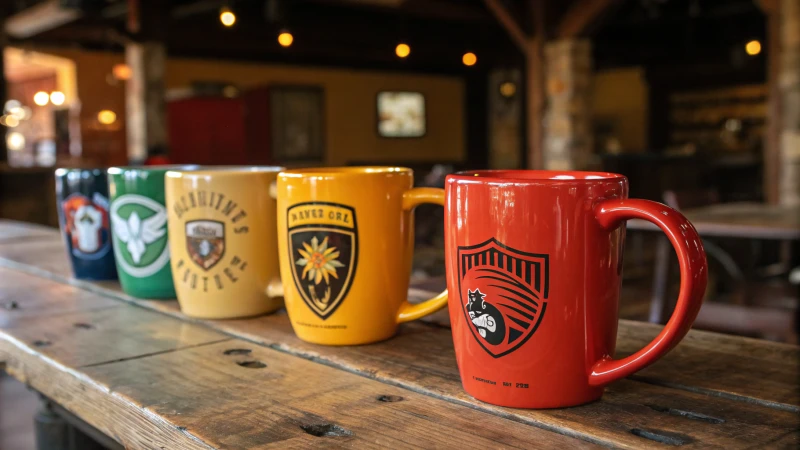 A collection of vibrant ceramic mugs on a rustic wooden table