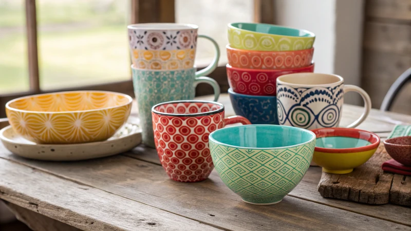 A vibrant display of unique mugs and bowls on a wooden table