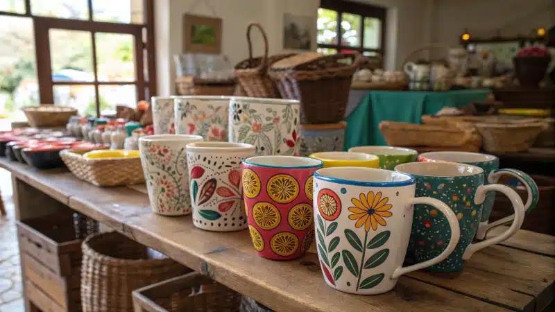 Colorful ceramic mugs displayed at a market