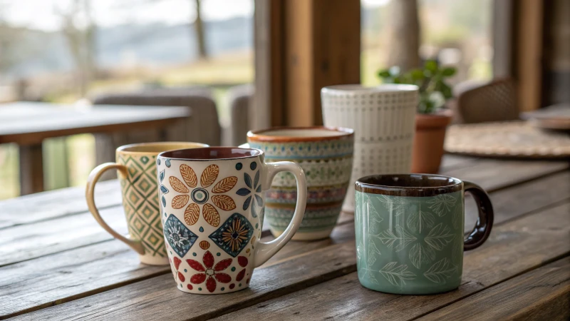 Various mugs displayed on a rustic wooden table