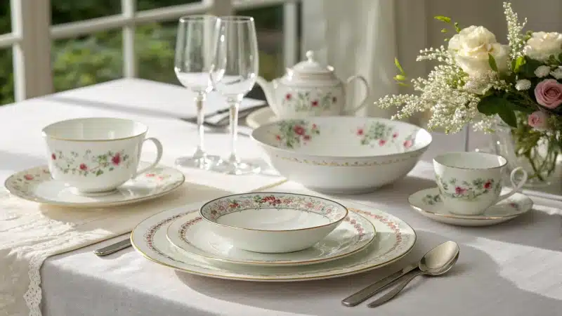 A dining table set with two distinct dinnerware styles.