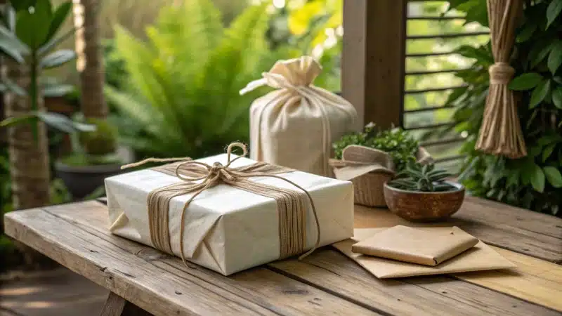 A beautifully wrapped eco-friendly gift on a rustic wooden table surrounded by greenery.