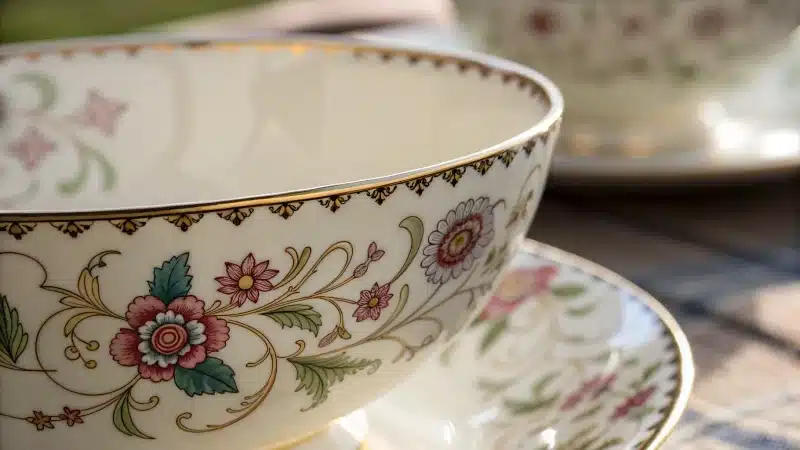 Close-up of a chipped piece of bone china with floral designs