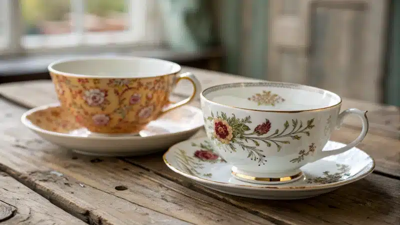 Side-by-side comparison of traditional and modern bone china on a wooden table