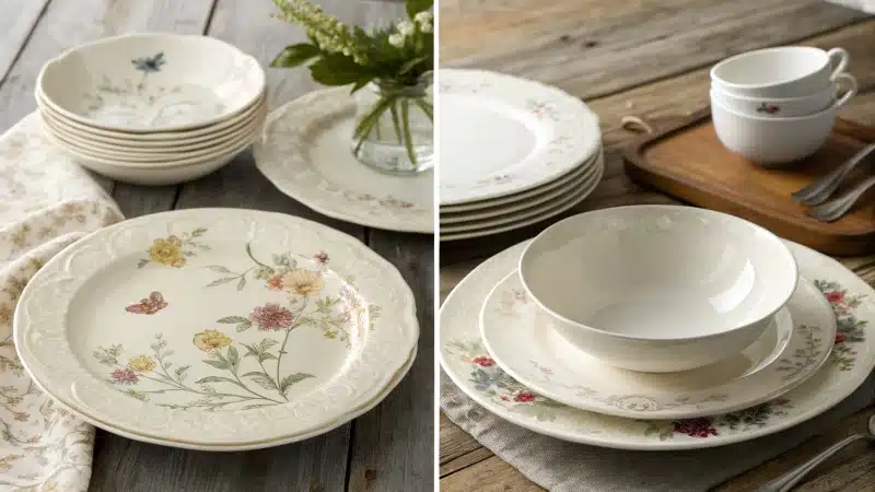 Comparison of traditional and new bone china dinnerware on a wooden table