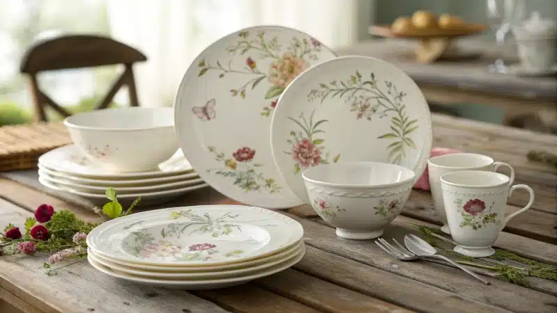 A beautifully arranged set of bone china dinnerware on a wooden table