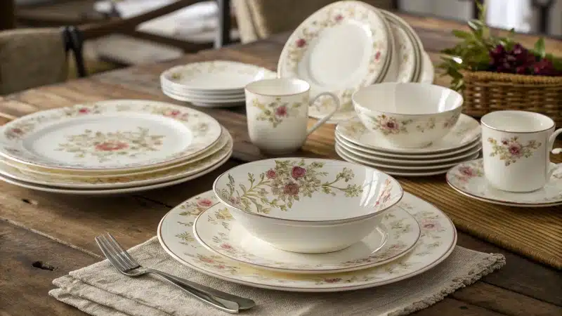 An elegant bone china dinnerware set on a rustic wooden table