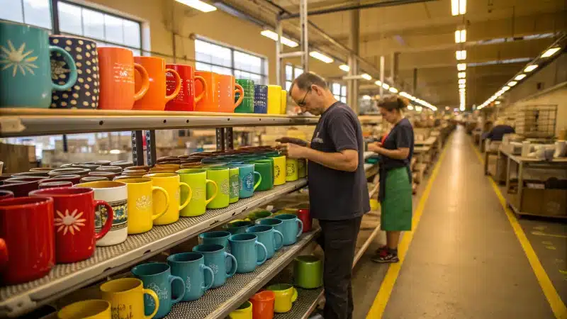 A factory interior with shelves of colorful mugs and workers inspecting them.