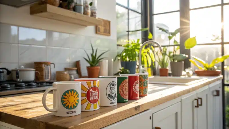 A bright modern kitchen with custom mugs on a wooden countertop