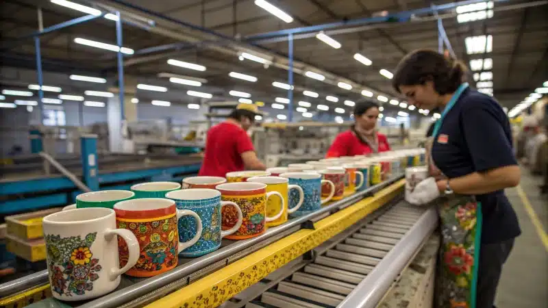 Workers inspecting colorful mugs in a factory