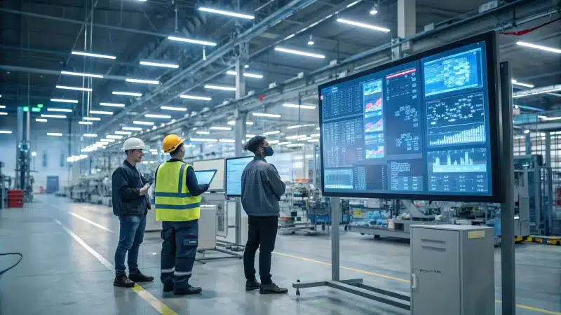 Workers analyzing digital charts in a manufacturing facility