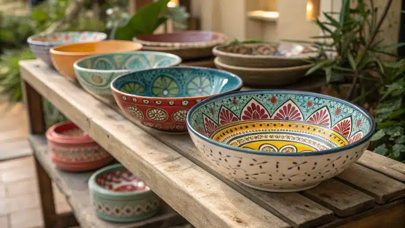 An array of colorful ceramic bowls on a rustic wooden table