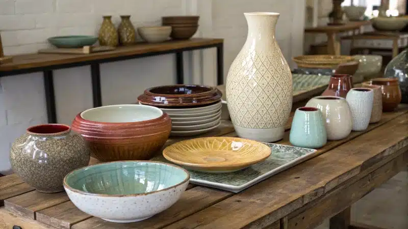 A display of diverse ceramic products on a wooden table.