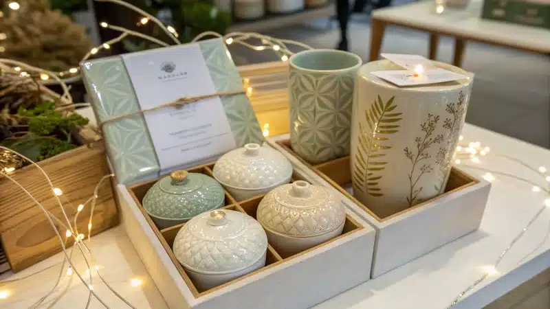 Elegant display of ceramic gifts in eco-friendly packaging