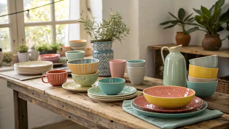 A display of colorful ceramic bowls and mugs on a wooden table