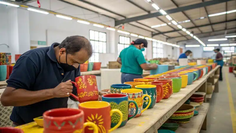 Artisans crafting colorful ceramic mugs in a workshop