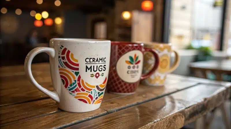 A collection of colorful ceramic mugs on a rustic wooden table