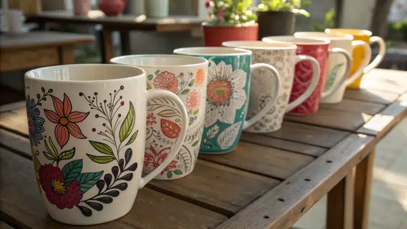 Assorted ceramic mugs displayed on a wooden table