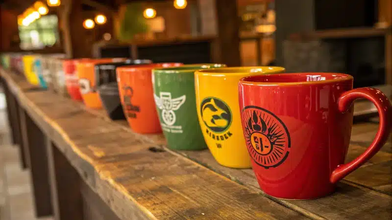 A collection of custom ceramic mugs on a rustic wooden table.