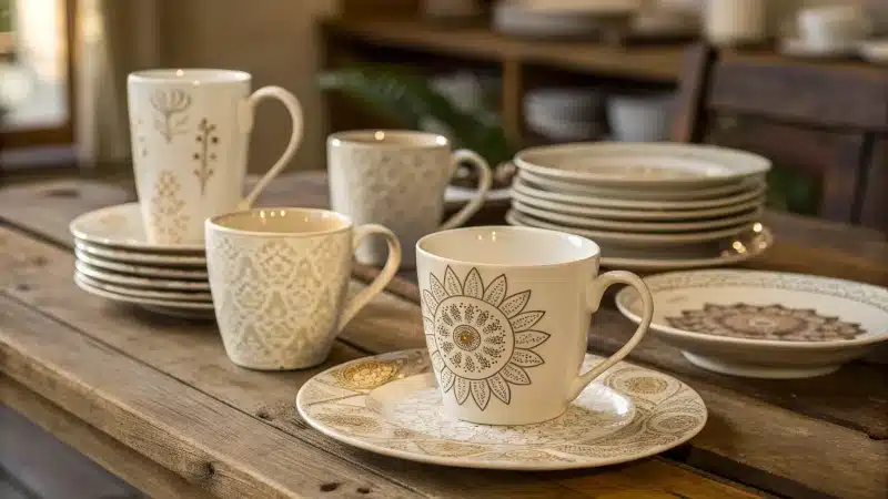 A collection of personalized ceramic mugs and plates on a rustic wooden table.