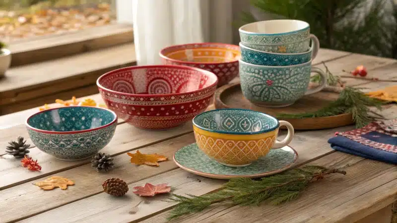 A beautifully styled tabletop with vibrant ceramic bowls and matching mugs.