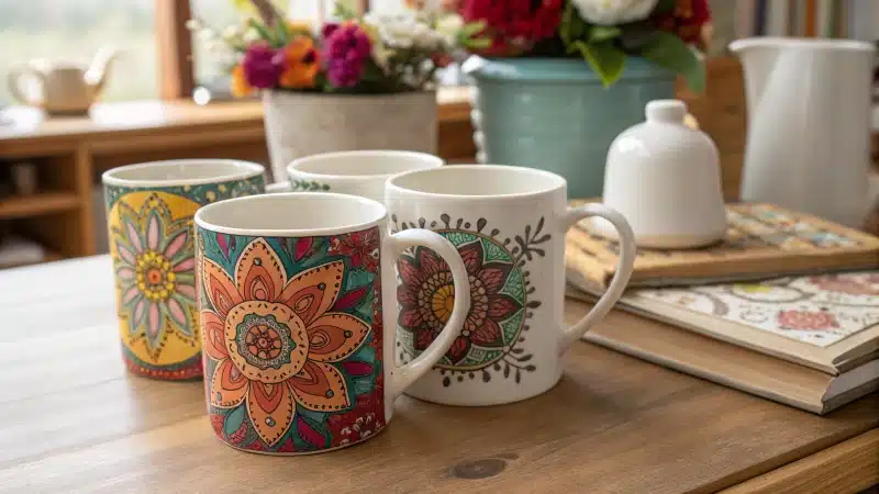 A cozy wooden table with colorful hand-painted mugs and plain white mugs