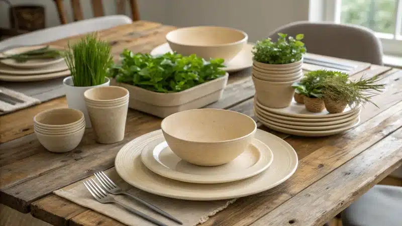 A dining table set with sustainable tableware and greenery