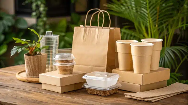 A display of eco-friendly packaging materials on a wooden table